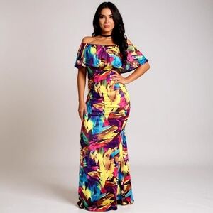 Vibrant Multicolor Off-Shoulder Maxi Dress